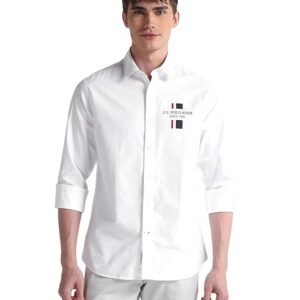 U.S. POLO ASSN. Mens Cotton Regular Fit White Solid Collared Neck Long Sleeve Casual Shirts